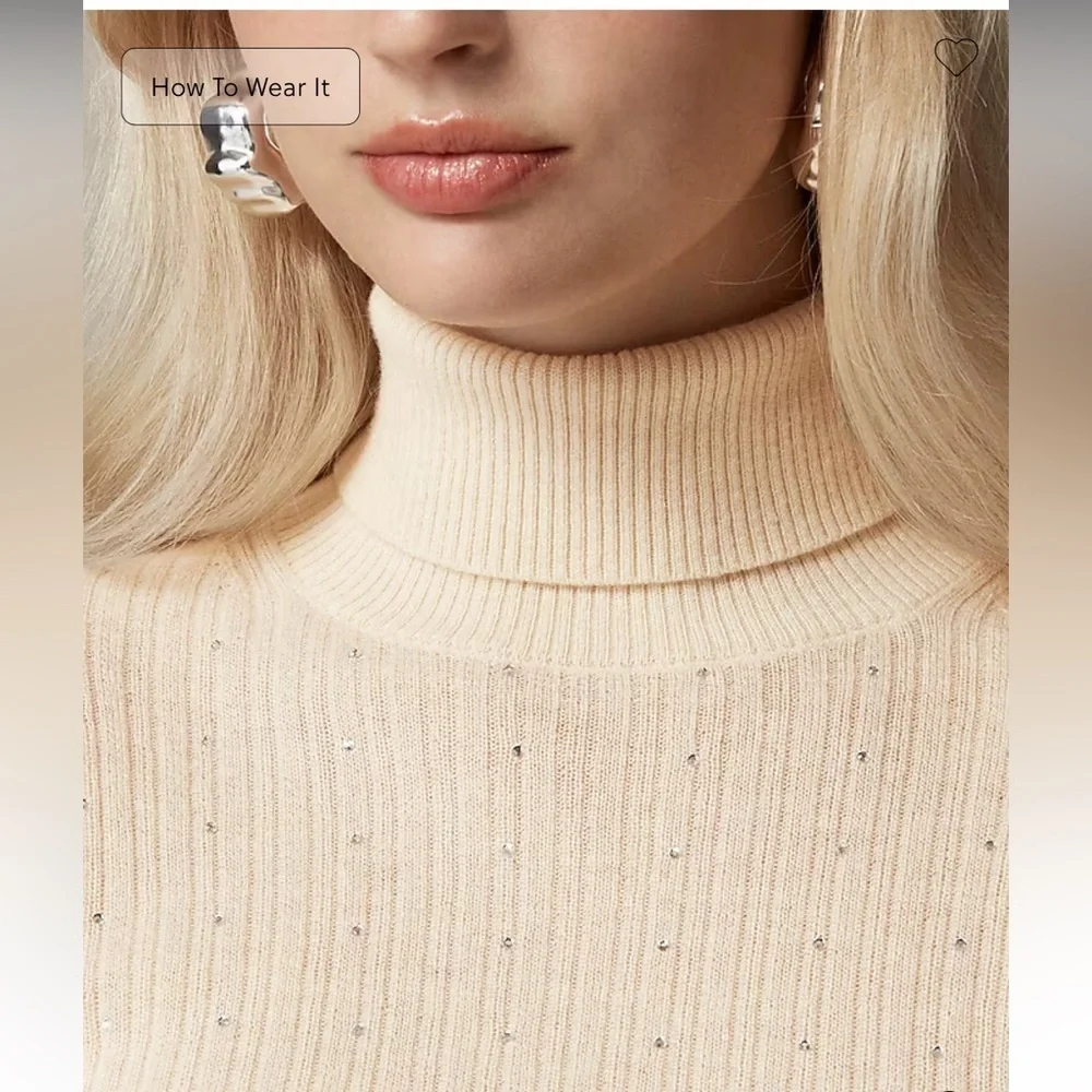 J Crew Featherweight cashmere turtleneck sweater with rhinestones Buttercream S